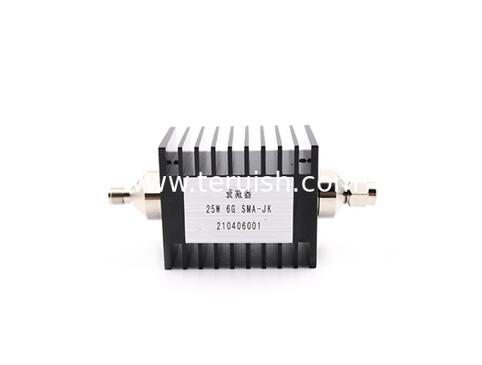 20 dB Fixed Attenuator, SMA Male to SMA Female Black Anodized Aluminum Heatsink Body Rated to 25Watts Up to 6 GHz