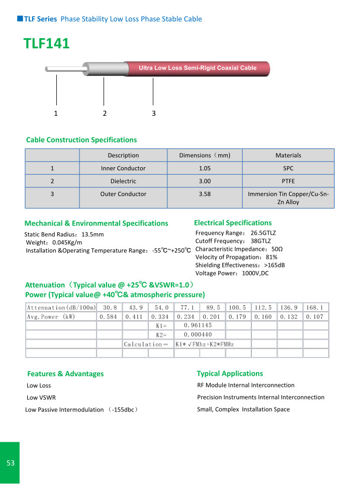 TLE Series Phase Stability Low Loss Semi-Rigid Cable