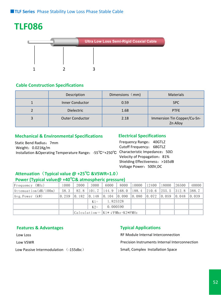 TLE Series Phase Stability Low Loss Semi-Rigid Cable