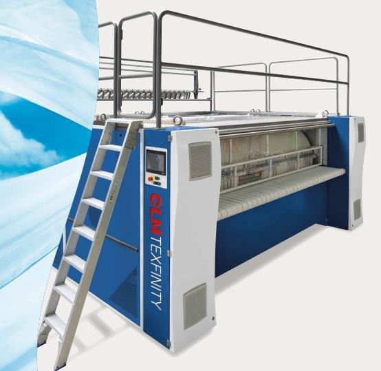 CLM Texfinity Chest Ironer with 3-pass Heat Exchanger, uses direct drive technology to control the speed of the rolls